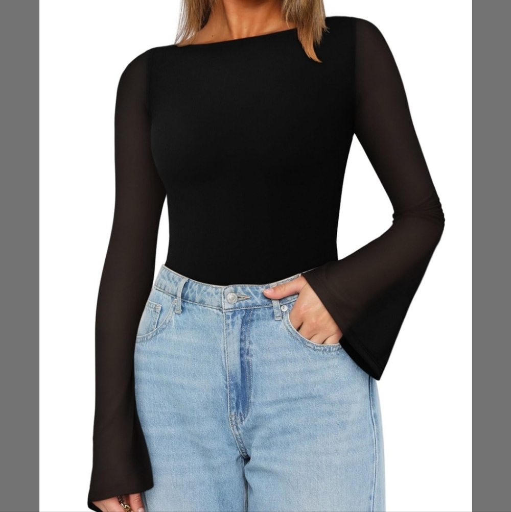 Boat Neck Bell Sleeve Sheer Mesh Going Out Bodysuit Tops